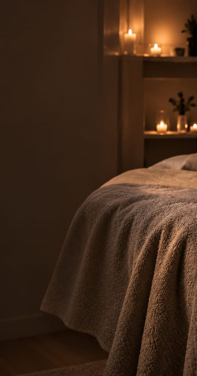 A treatment room almost dark: linen over the bed, and candles burning on a shelf.