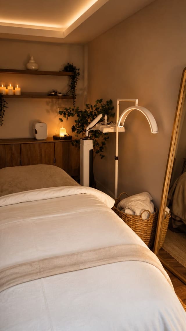 A treatment room in low warm light: a made bed in white linen, candles on the shelves, a plant beside a lamp.