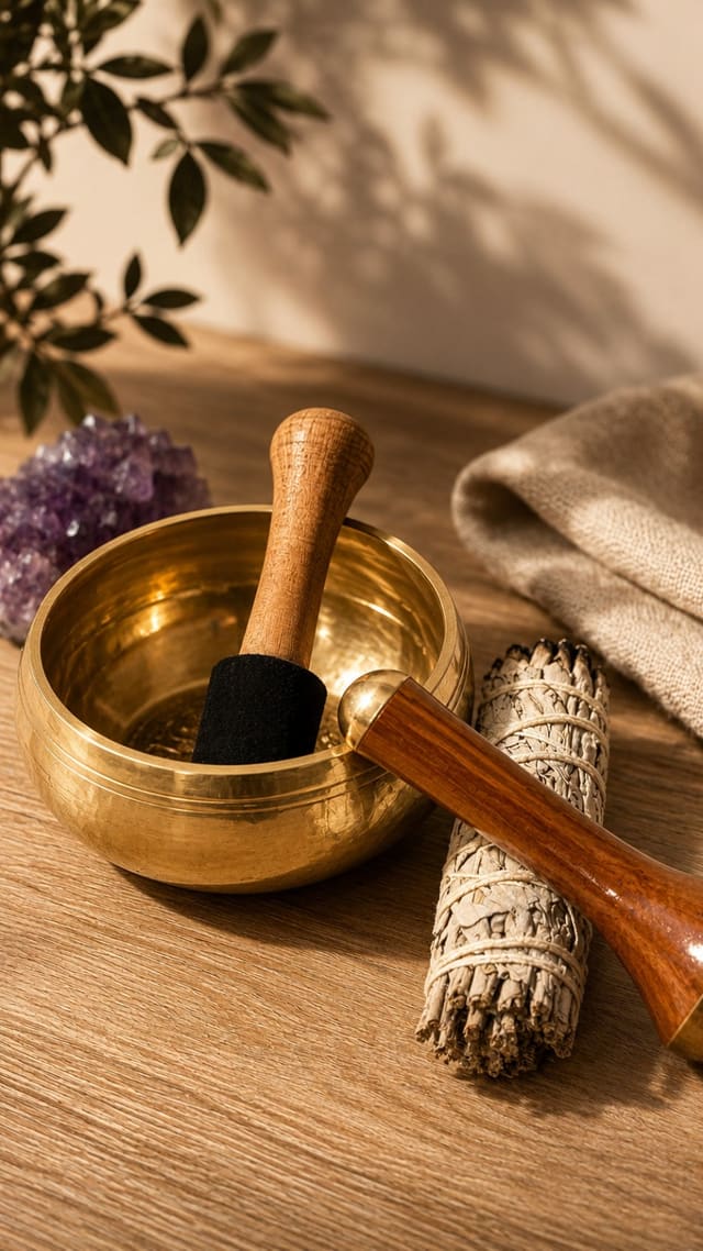 A brass singing bowl and its wooden striker on a table, beside a bundle of sage, a folded linen cloth and the shadow of leaves.