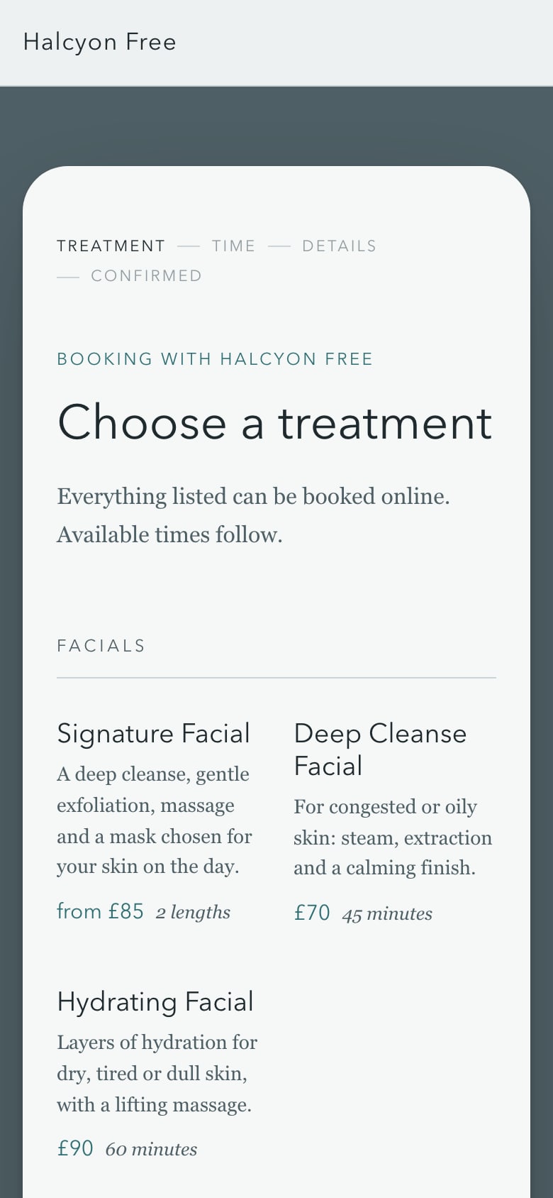 A demo clinic's booking page on a phone: its treatments, each with its price and length.