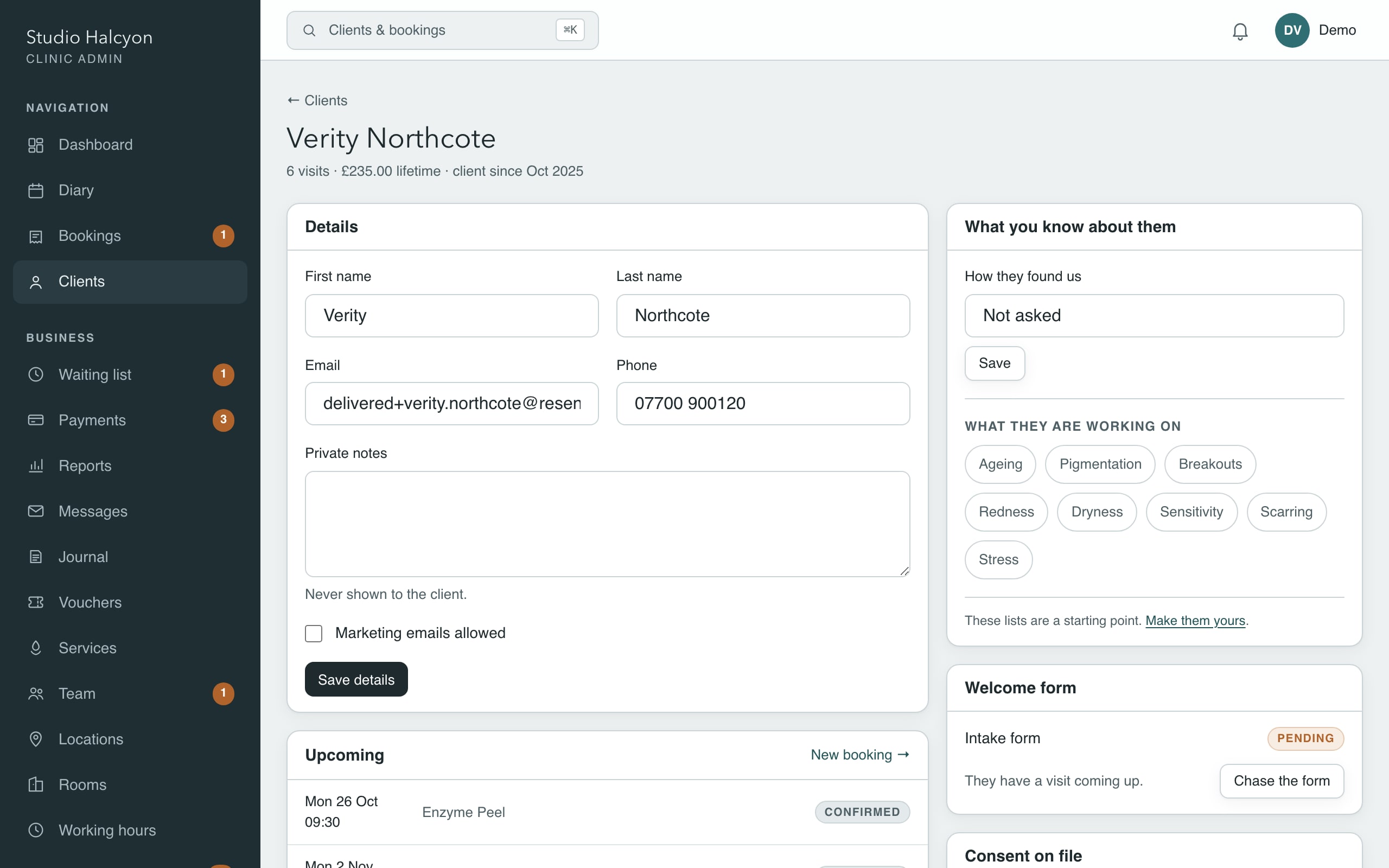 A demo client's card at full width: their details, what the clinic knows about them, their visits and their forms.