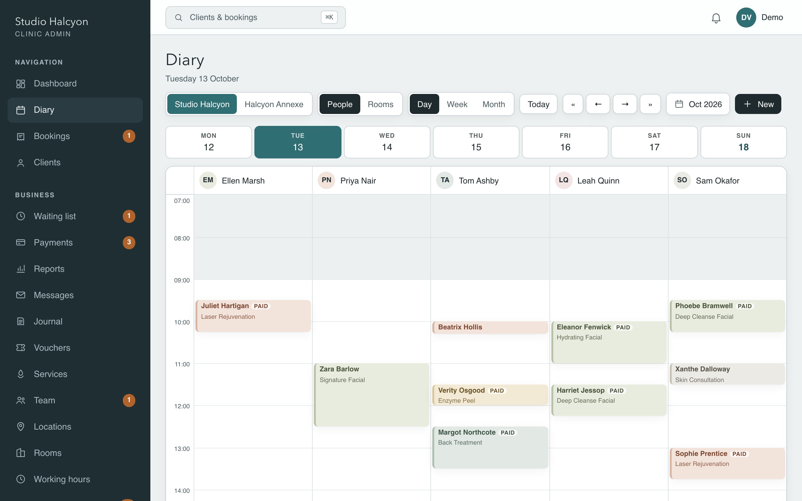 Studio Halcyon's diary for a Tuesday: a column for each of five people, the morning's bookings in their colours.