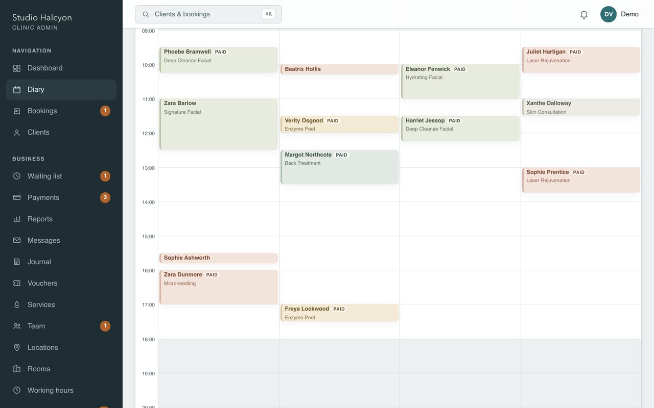 A demo clinic's Tuesday in the diary, laid out by room.