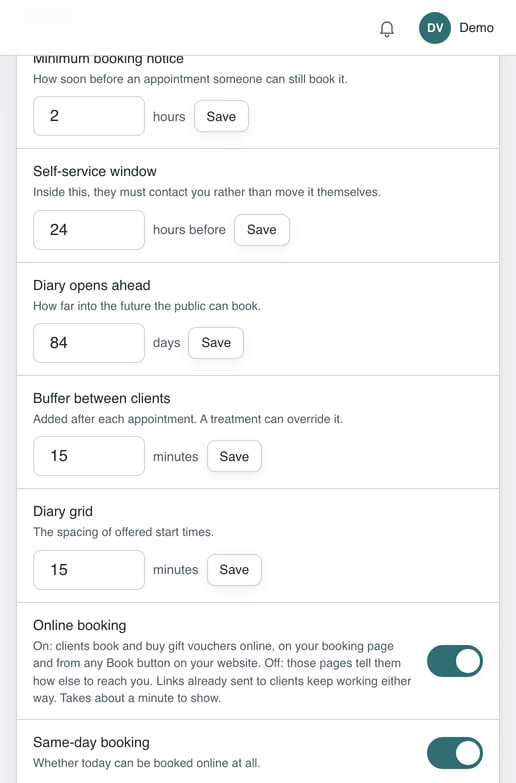 A demo clinic's online booking settings: notice, how far ahead the diary opens, the time between clients, and whether online booking is on.