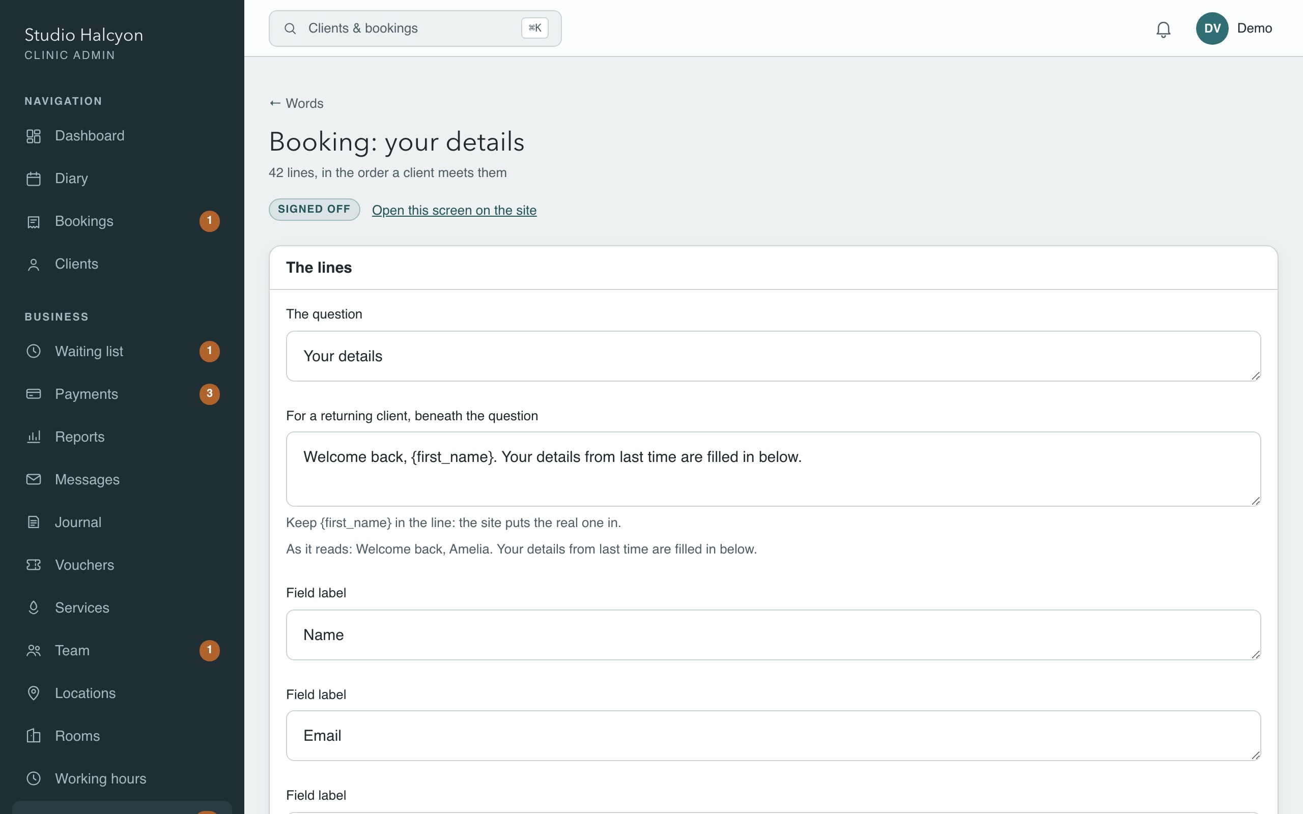 A demo clinic's Words screen for the booking details page: each line a client reads, in the order she meets it, ready to be put in the clinic's own words.