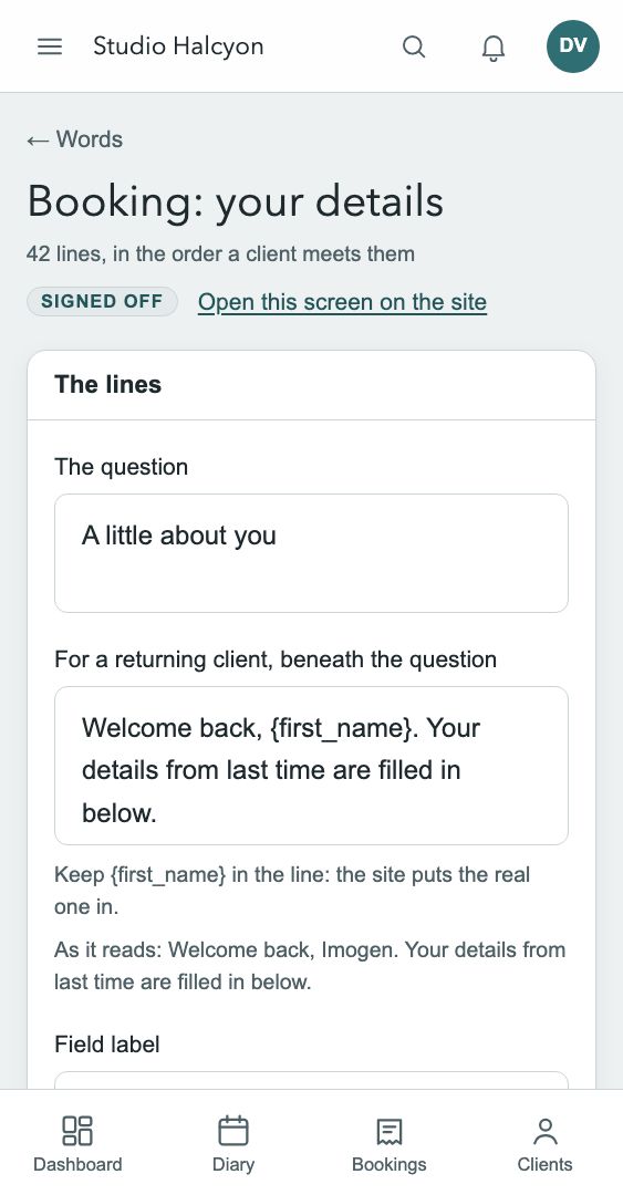 The demo clinic's Words screen for the booking details page: each line in the order a client meets it, with where it appears and how it will read.